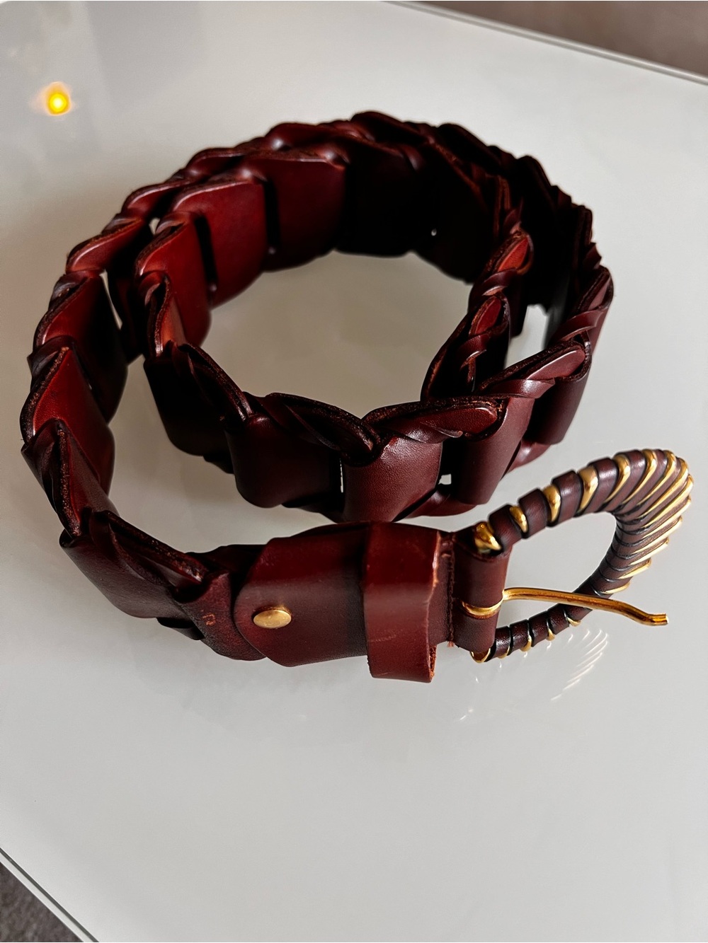 Made in Italy Burgundy Calf Leather Woven Belt Gold Statement Buckle